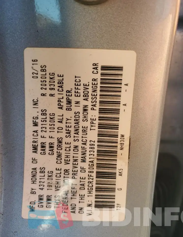 1HGCR2F80GA133892 Photo# 12