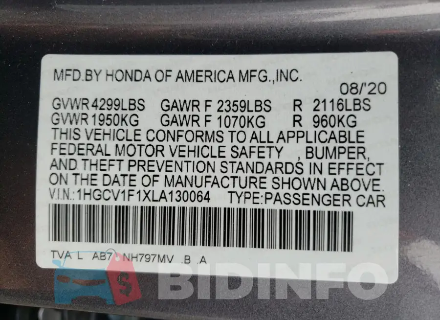 1HGCV1F1XLA130064 Photo# 12