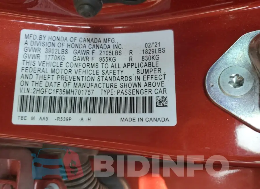 2HGFC1F35MH701757 Photo# 12