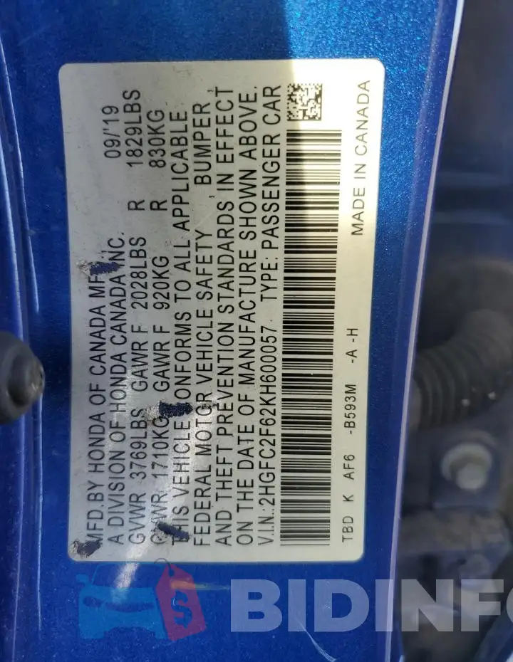 2HGFC2F62KH600057 Photo# 12