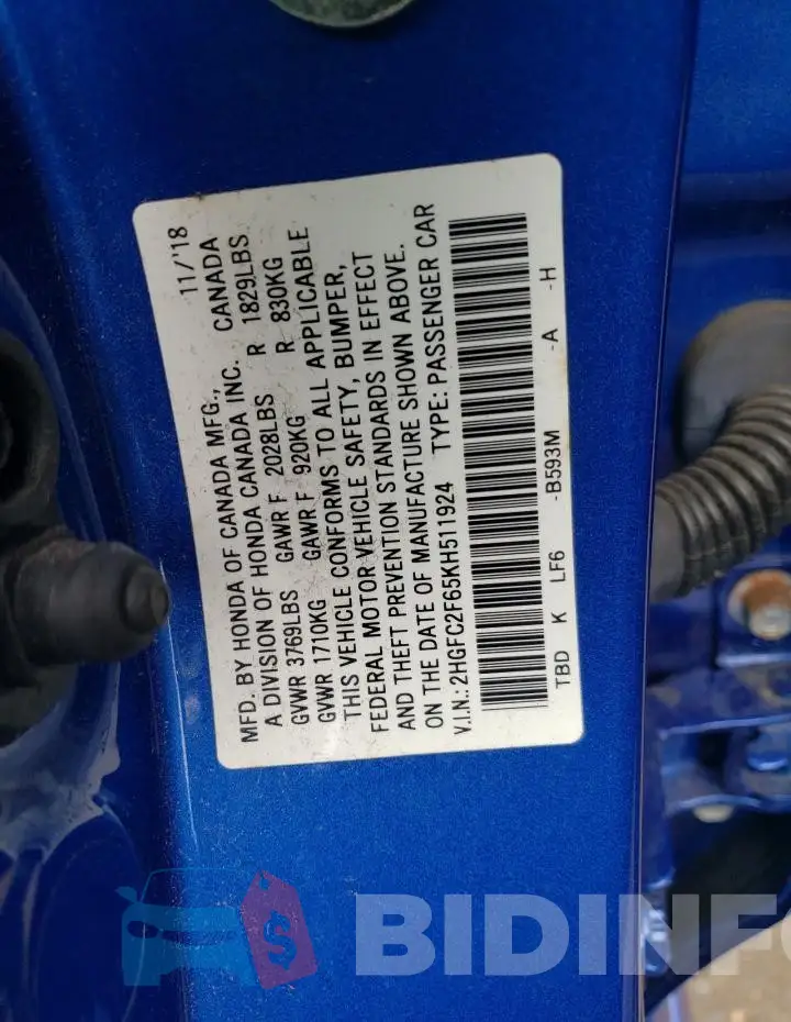 2HGFC2F65KH511924 Photo# 12