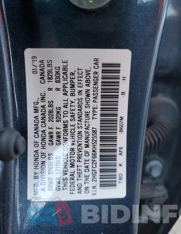 2HGFC2F66KH525587 Photo# 12