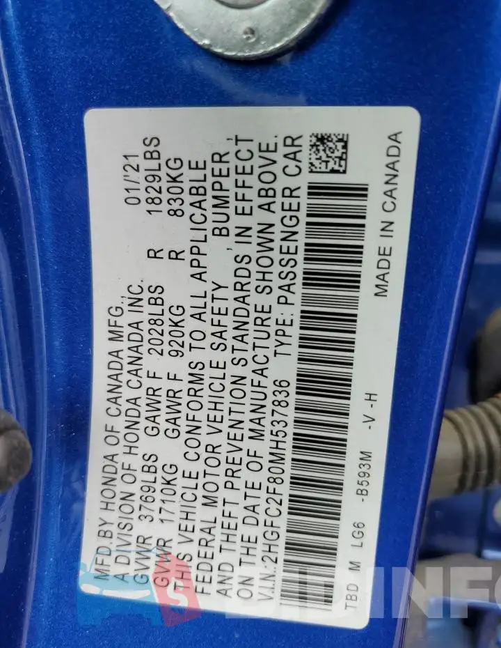 2HGFC2F80MH537836 Photo# 12