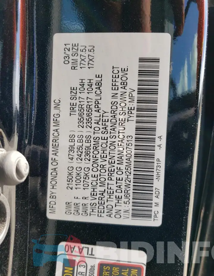 5J6RW2H25MA007513 Photo# 12