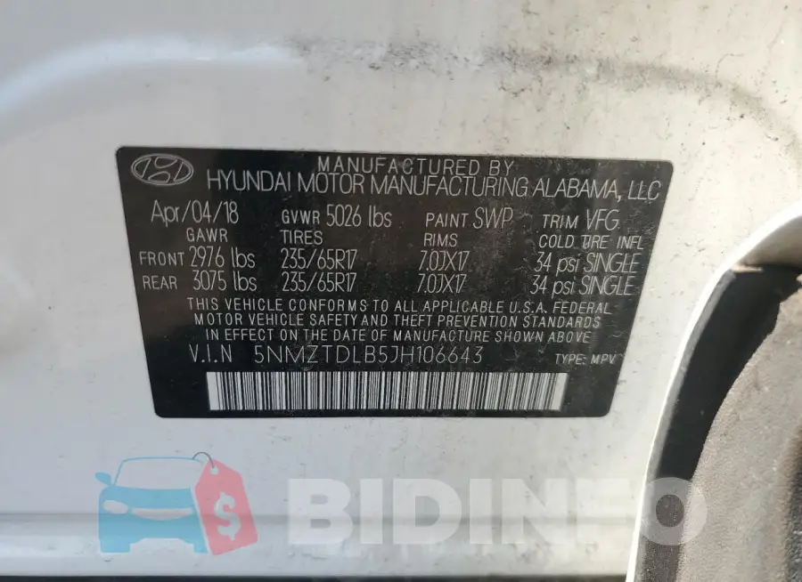 5NMZTDLB5JH106643 Photo# 14