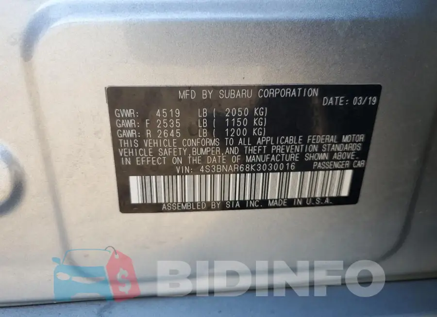 4S3BNAR68K3030016 Photo# 12