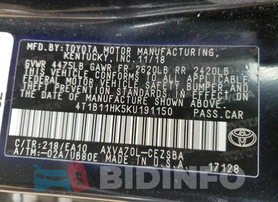 4T1B11HK5KU191150 Photo# 12