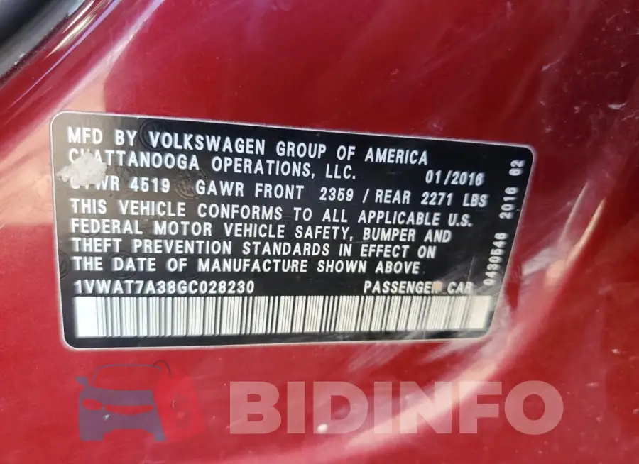 1VWAT7A38GC028230 Photo# 13