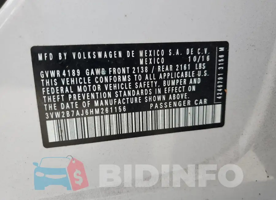 3VW2B7AJ6HM261156 Photo# 13