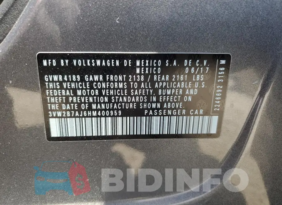 3VW2B7AJ6HM400959 Photo# 13