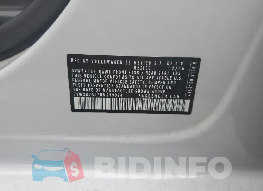 3VW2B7AJ7HM299074 Photo# 12