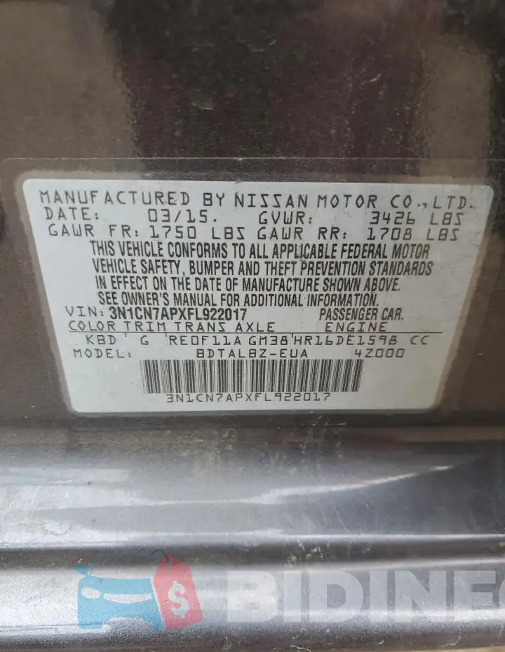 3N1CN7APXFL922017 Photo# 12