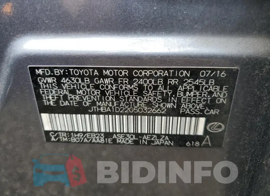 JTHBA1D22G5032662 Photo# 13