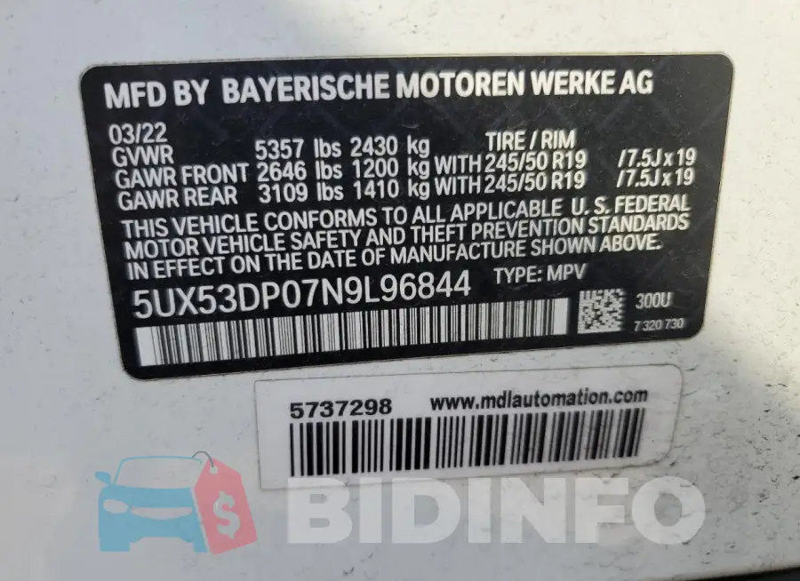 5UX53DP07N9L96844 Photo# 12