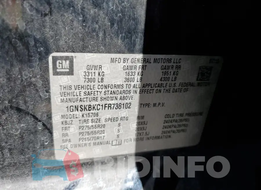1GNSKBKC1FR738102 Photo# 13