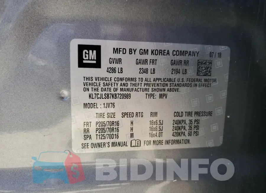 KL7CJLSB7KB720989 Photo# 13