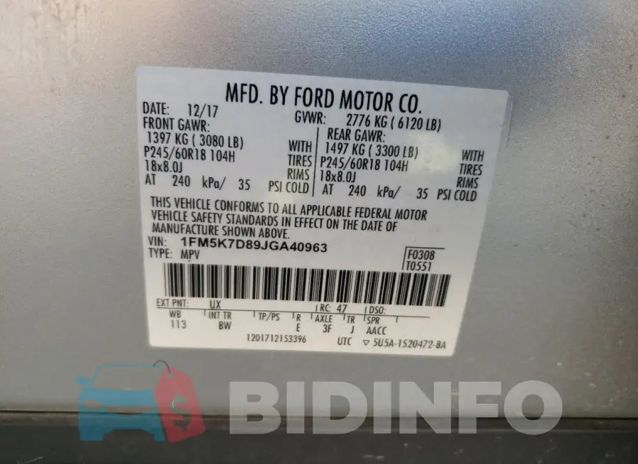 1FM5K7D89JGA40963 Photo# 12