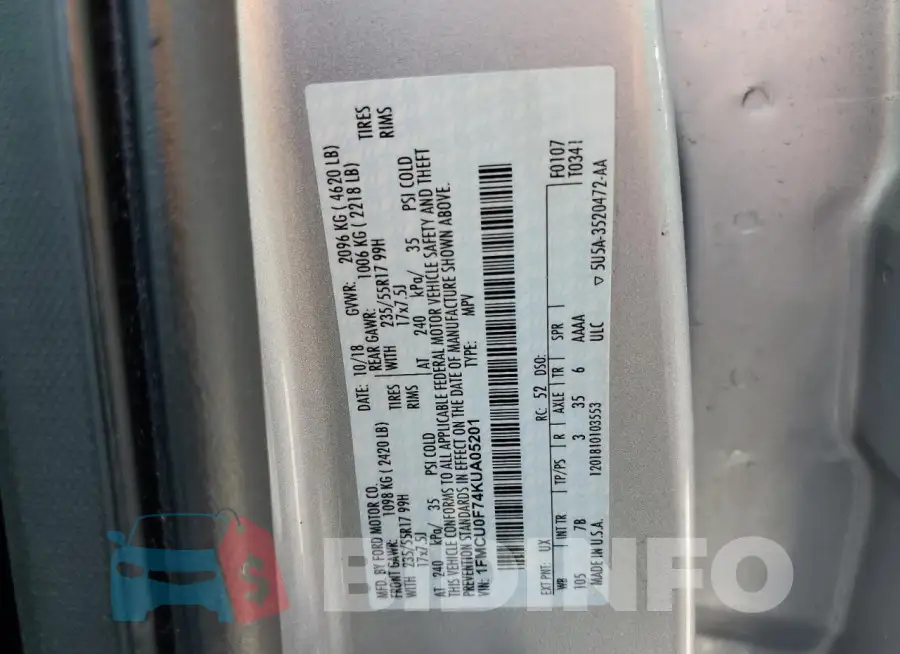 1FMCU0F74KUA05201 Photo# 13