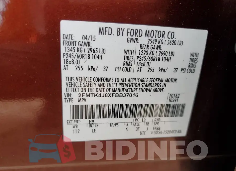 2FMTK4J8XFBB37016 Photo# 14