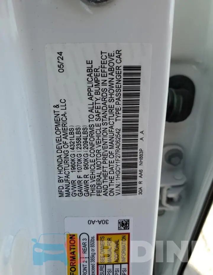 1HGCY1F27RA062542 Photo# 12