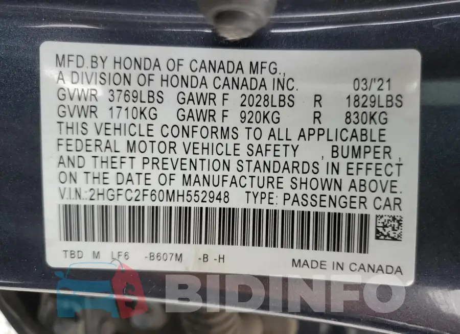 2HGFC2F60MH552948 Photo# 12