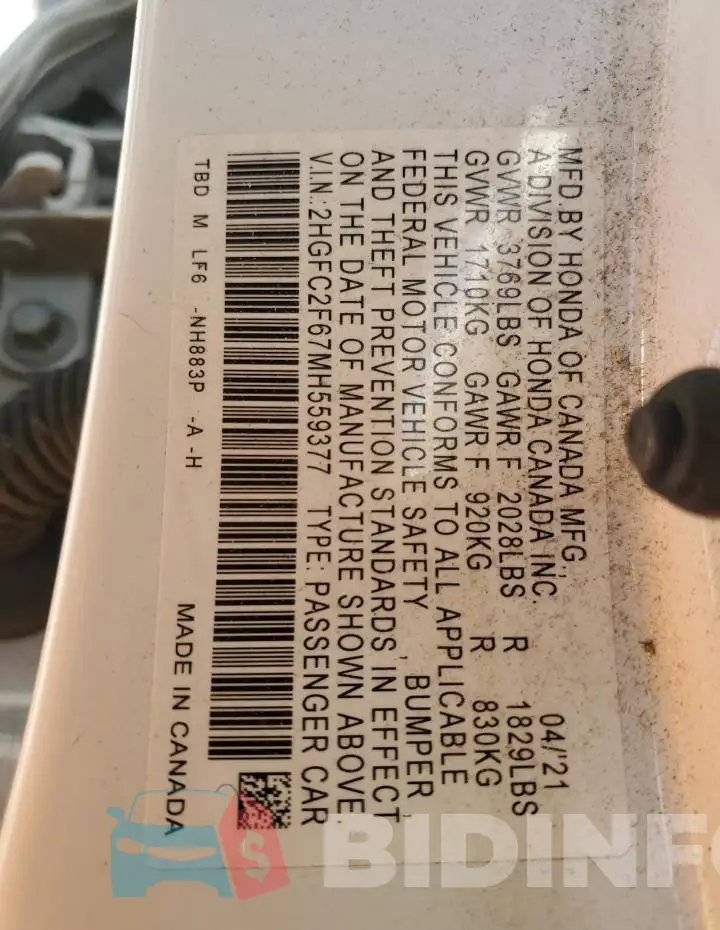 2HGFC2F67MH559377 Photo# 12