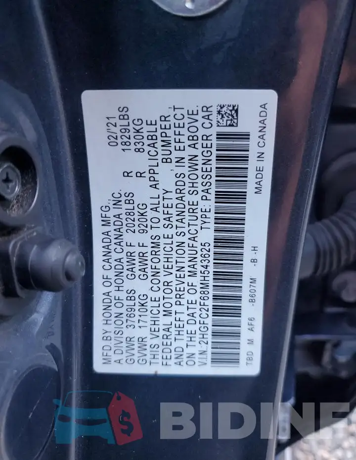 2HGFC2F68MH543625 Photo# 12