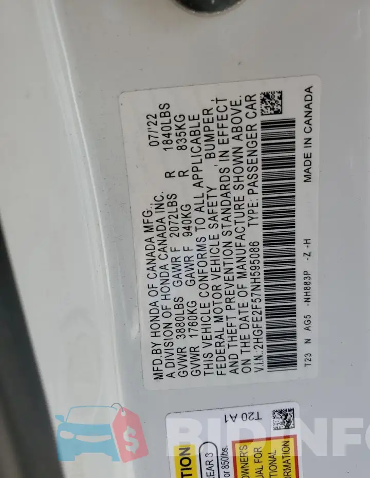 2HGFE2F57NH595086 Photo# 12