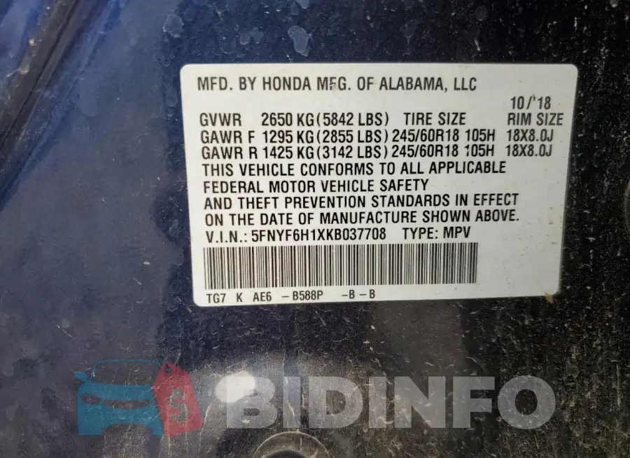 5FNYF6H1XKB037708 Photo# 13