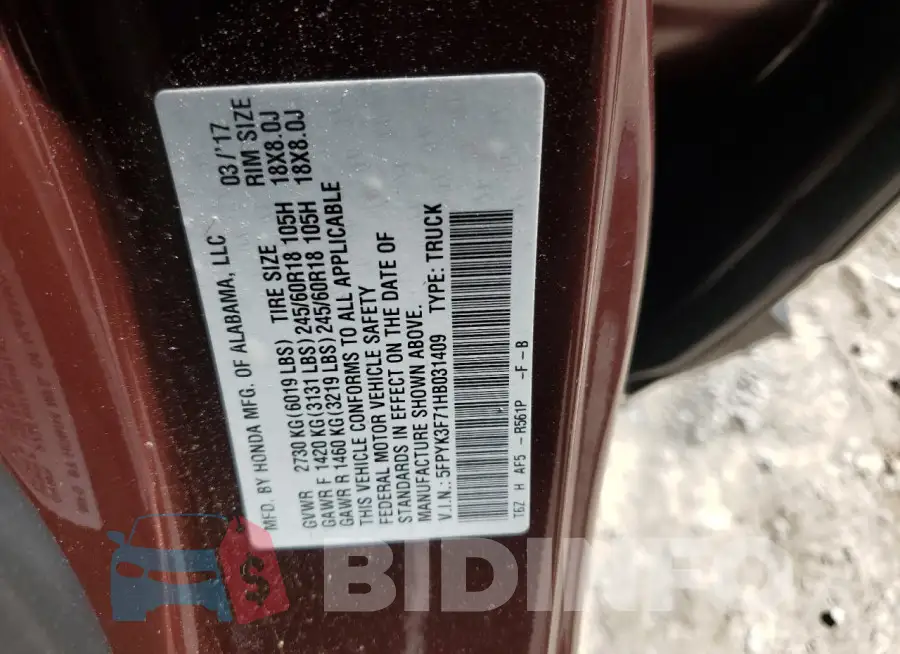 5FPYK3F71HB031409 Photo# 12