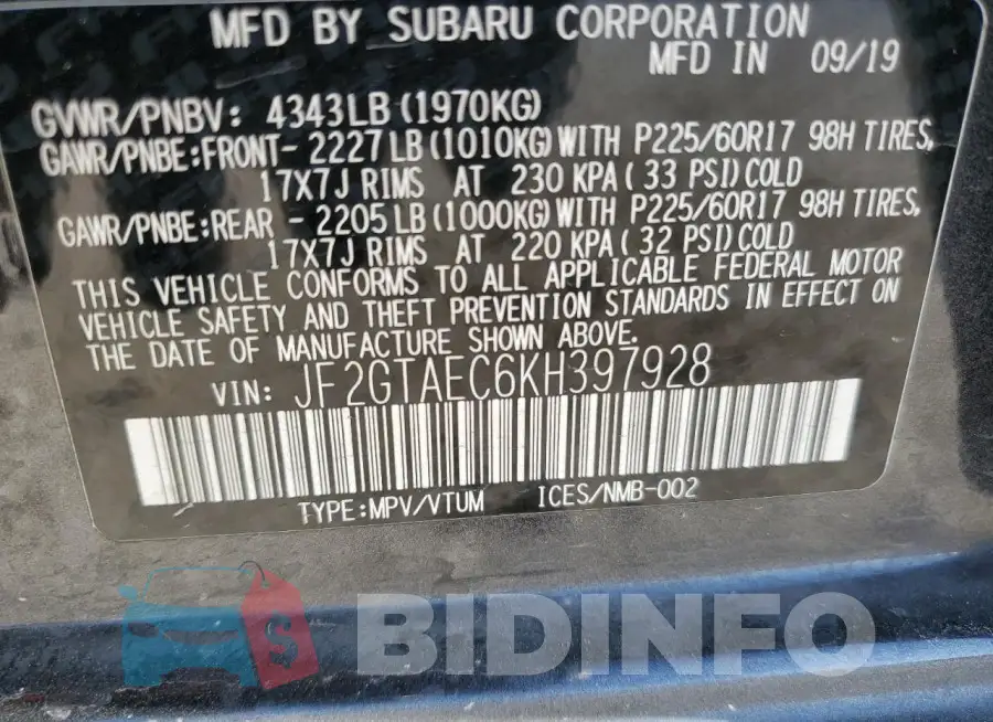 JF2GTAEC6KH397928 Photo# 13