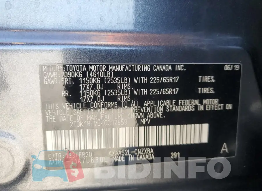 2T3K1RFV6KC012859 Photo# 14
