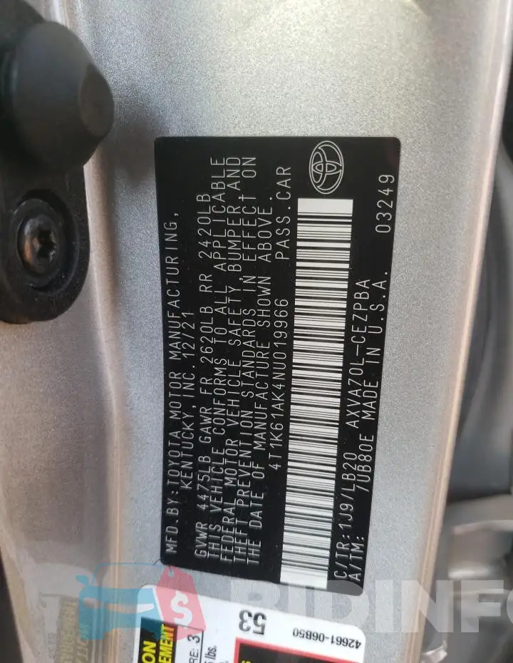 4T1K61AK4NU019966 Photo# 12