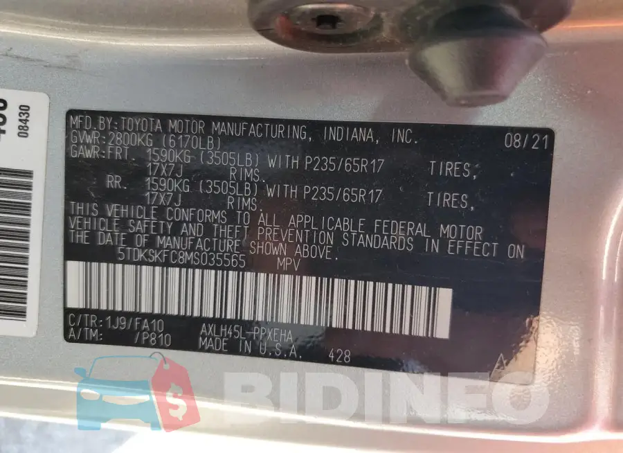 5TDKSKFC8MS035565 Photo# 13