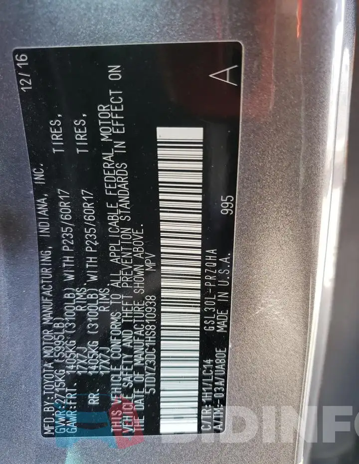 5TDYZ3DC1HS810938 Photo# 13