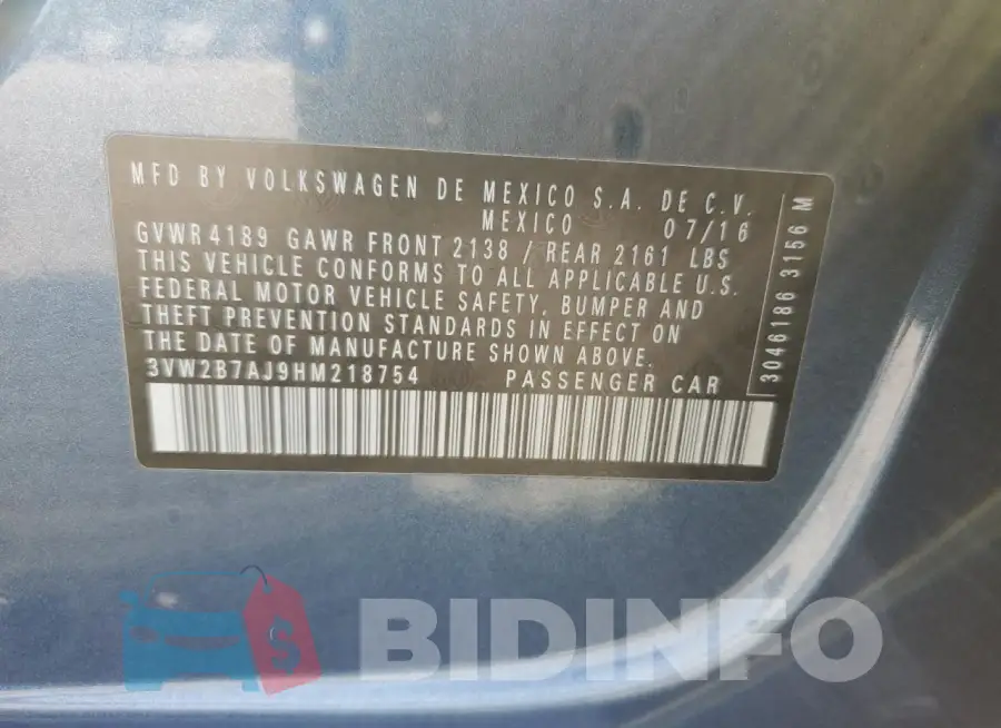 3VW2B7AJ9HM218754 Photo# 12