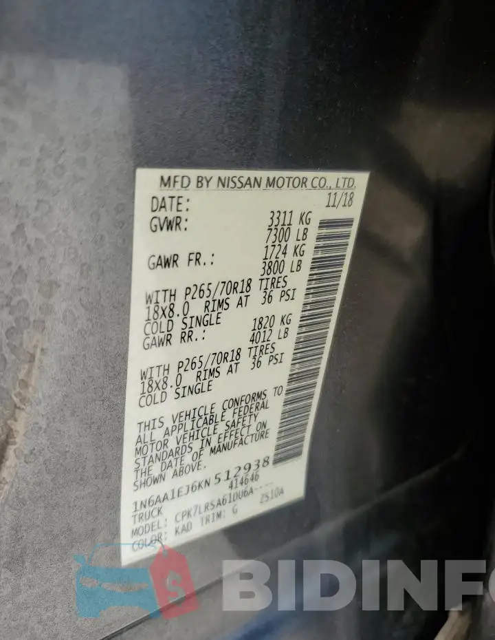 1N6AA1EJ6KN512938 Photo# 13