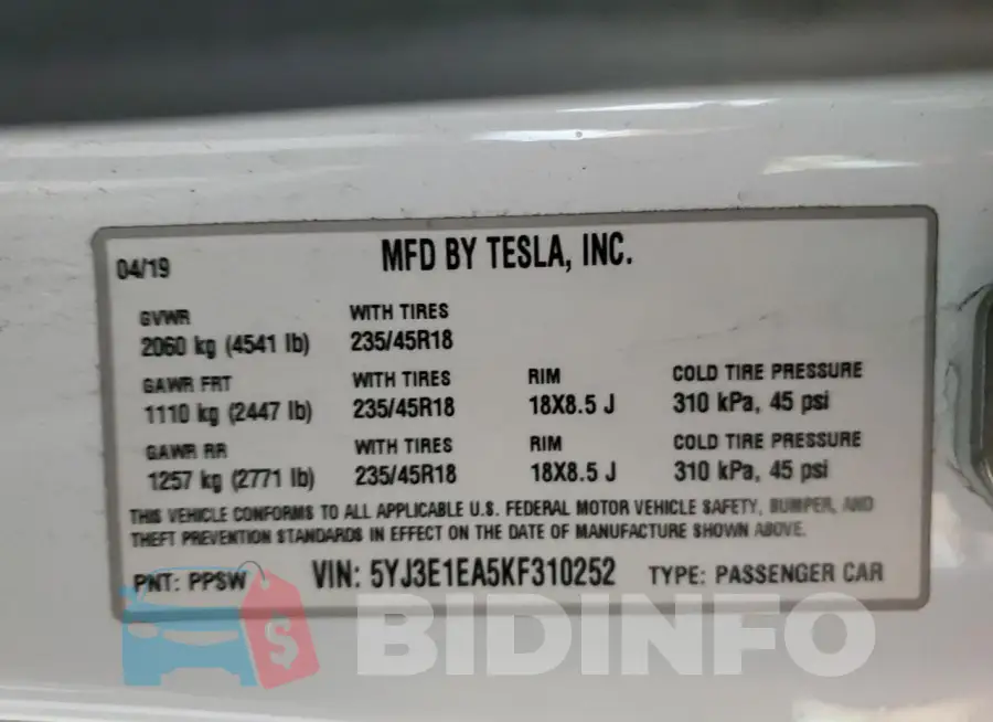 5YJ3E1EA5KF310252 Photo# 12