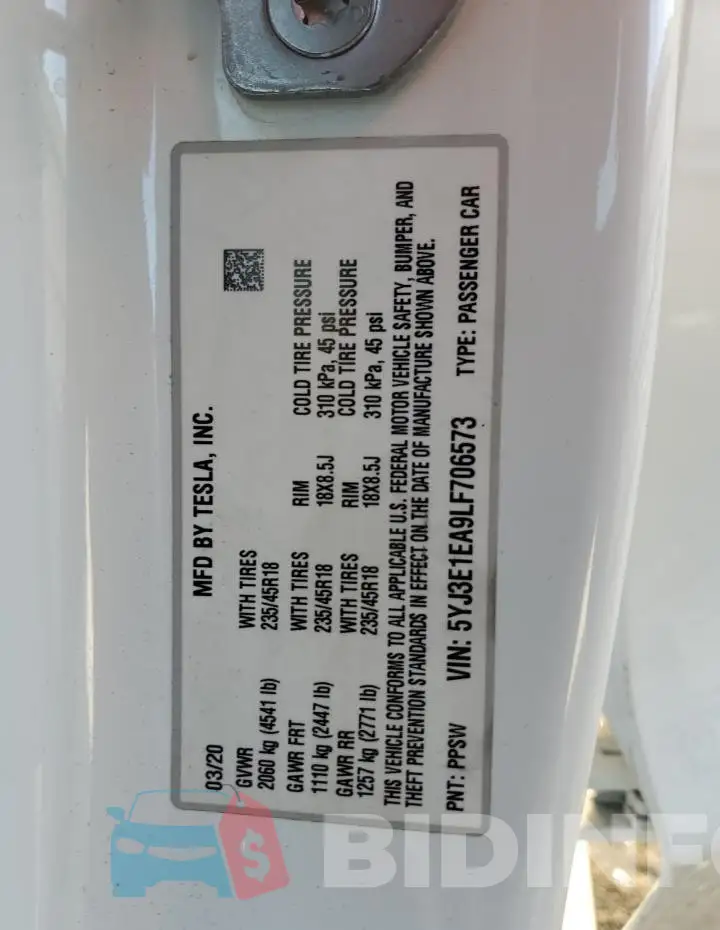 5YJ3E1EA9LF706573 Photo# 13