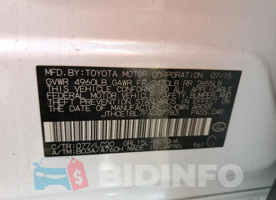 JTHCE1BL7FA007783 Photo# 13