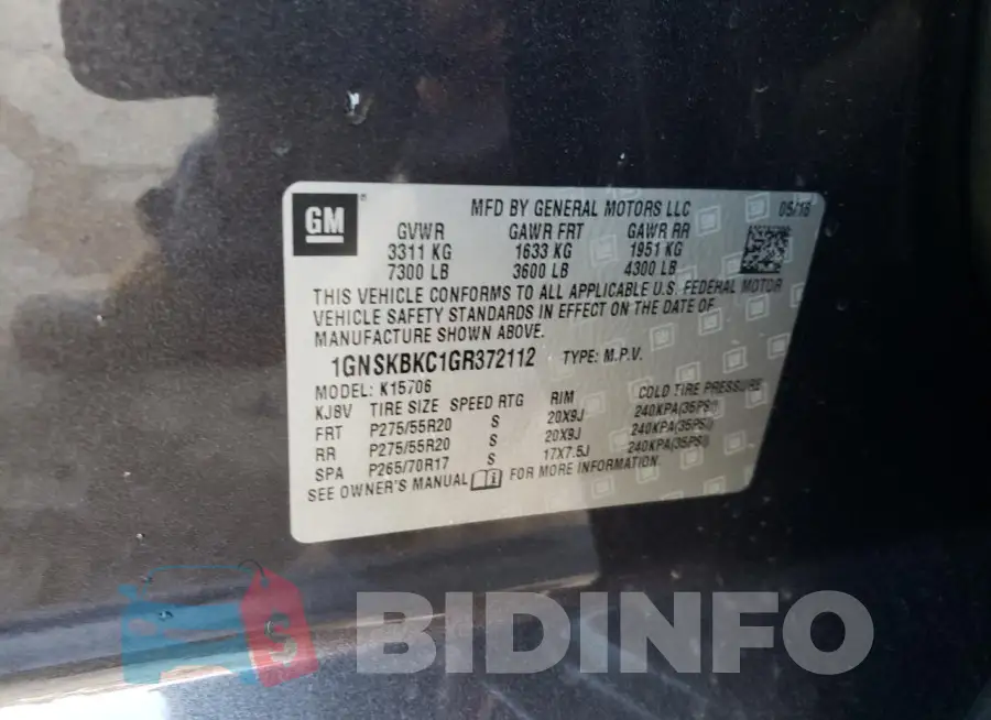 1GNSKBKC1GR372112 Photo# 12