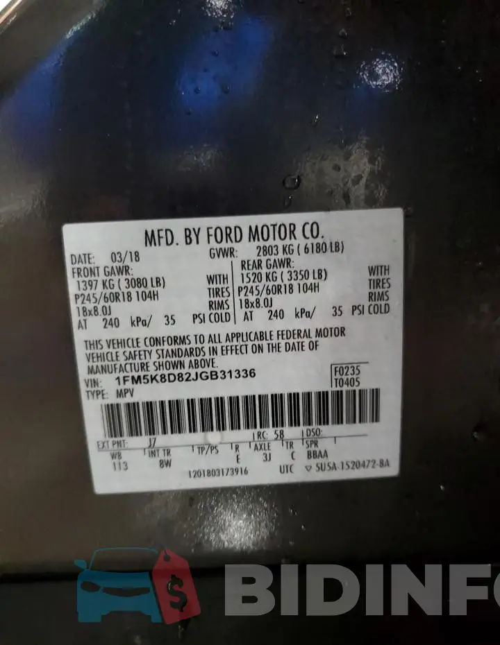 1FM5K8D82JGB31336 Photo# 13