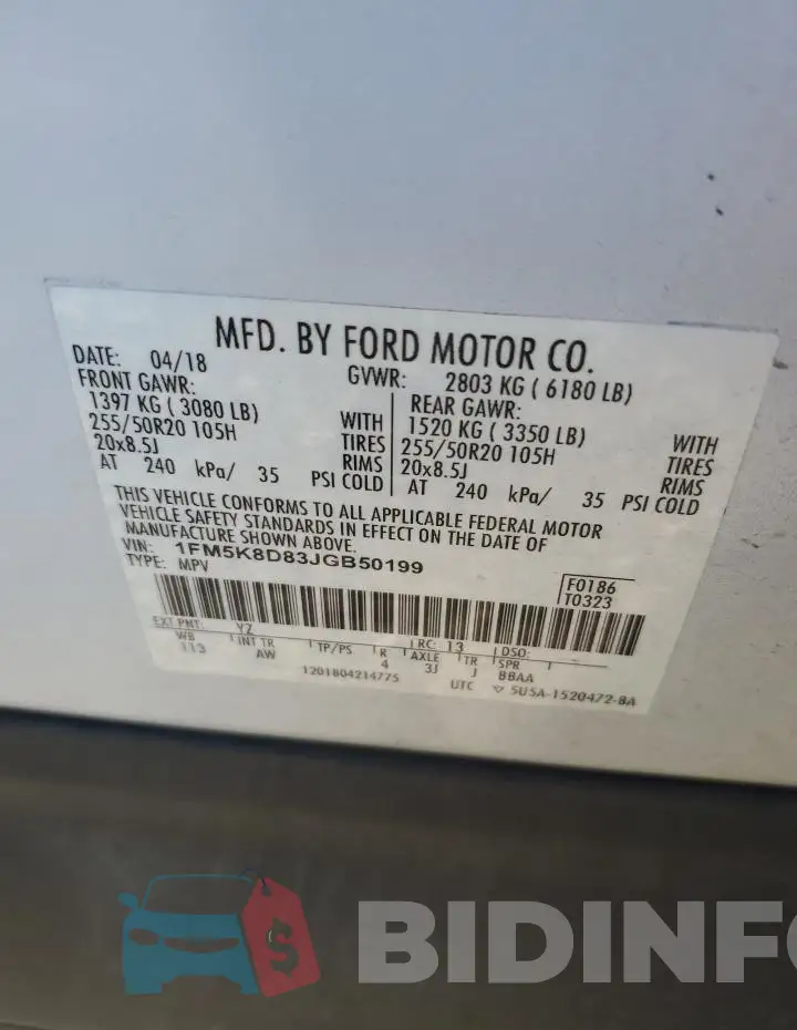 1FM5K8D83JGB50199 Photo# 13