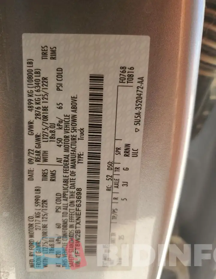 1FT8W2BTXNEF63698 Photo# 12