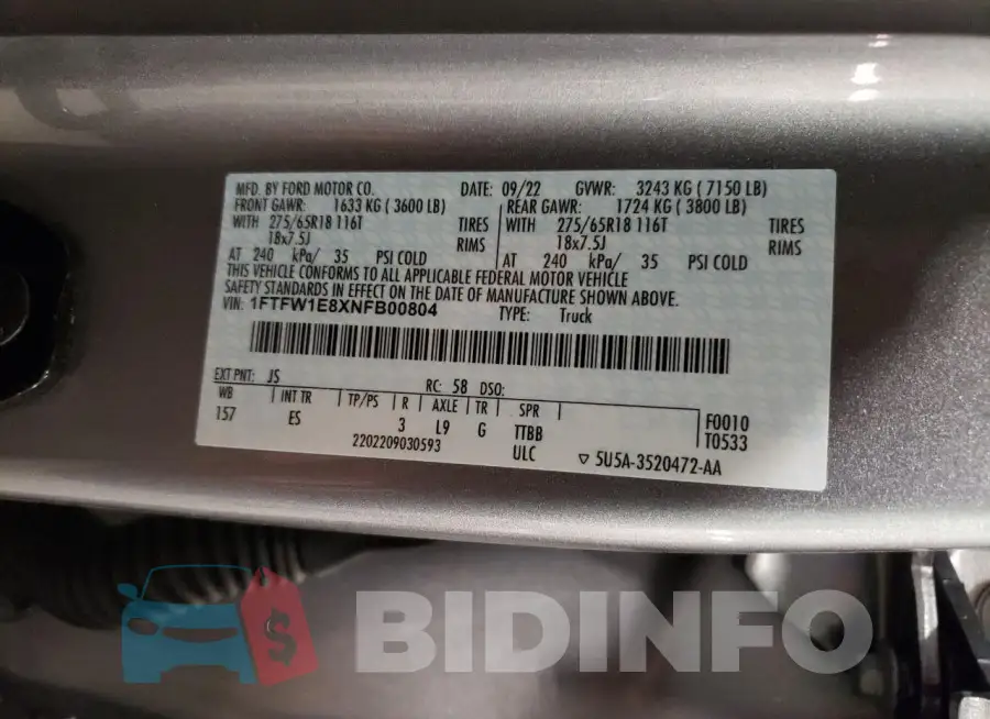 1FTFW1E8XNFB00804 Photo# 12