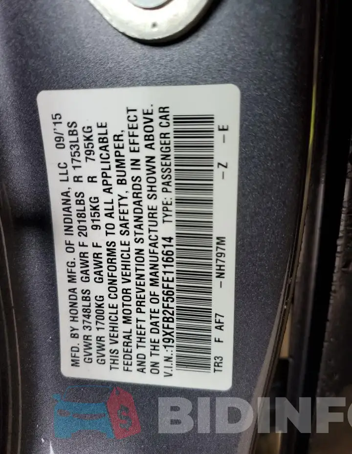 19XFB2F56FE116614 Photo# 12