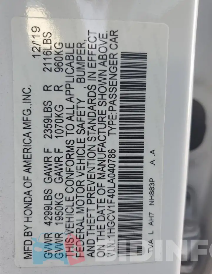 1HGCV1F40LA040786 Photo# 12