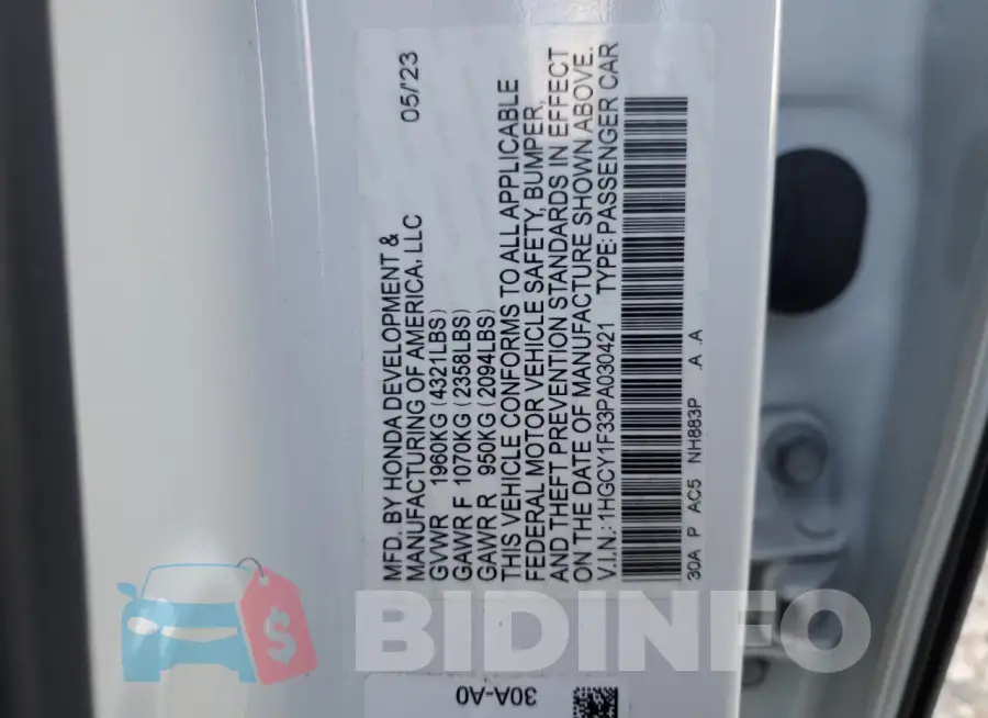 1HGCY1F33PA030421 Photo# 13