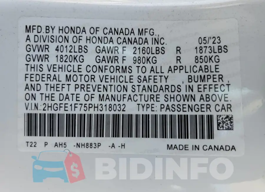 2HGFE1F75PH318032 Photo# 12