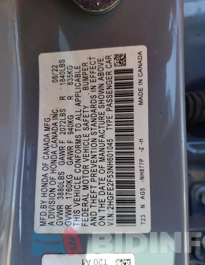 2HGFE2F53NH601045 Photo# 12